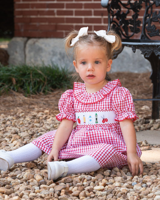 School Supplies Smocked Red Windowpane Dress