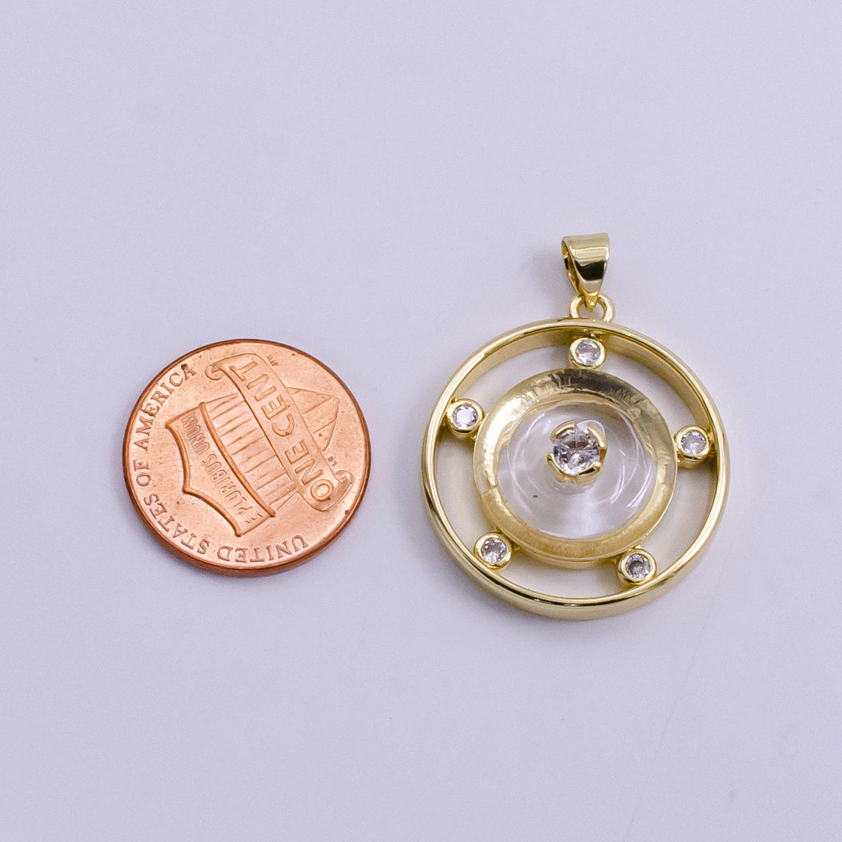 14K Gold Filled 30mm Clear Quartz, Rose Quartz, Amethyst CZ Open Round Pendant | AH055 - AH057