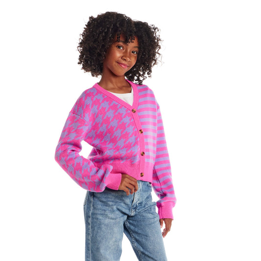Big Kids Stripe Cardigan | Pink Houndstooth