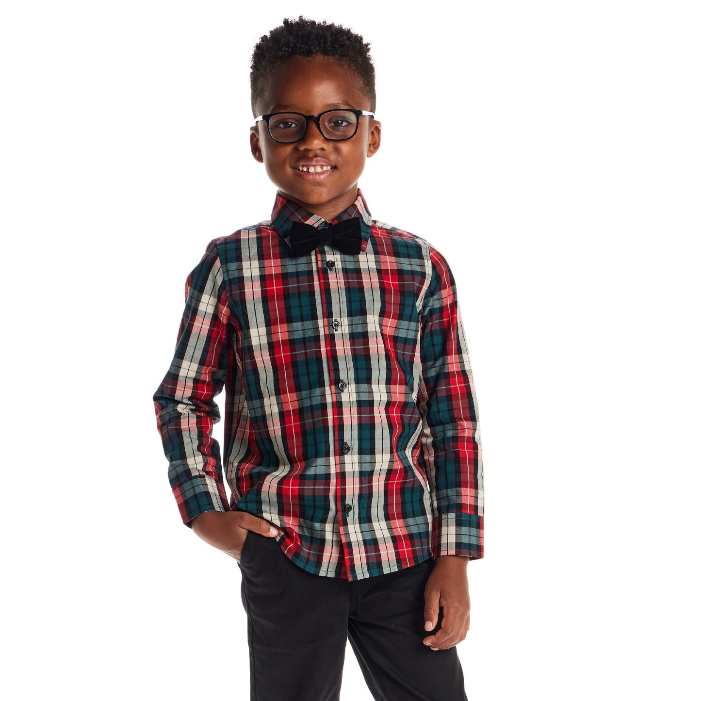 Kids Plaid Buttondown & Bowtie Set | Red Holiday