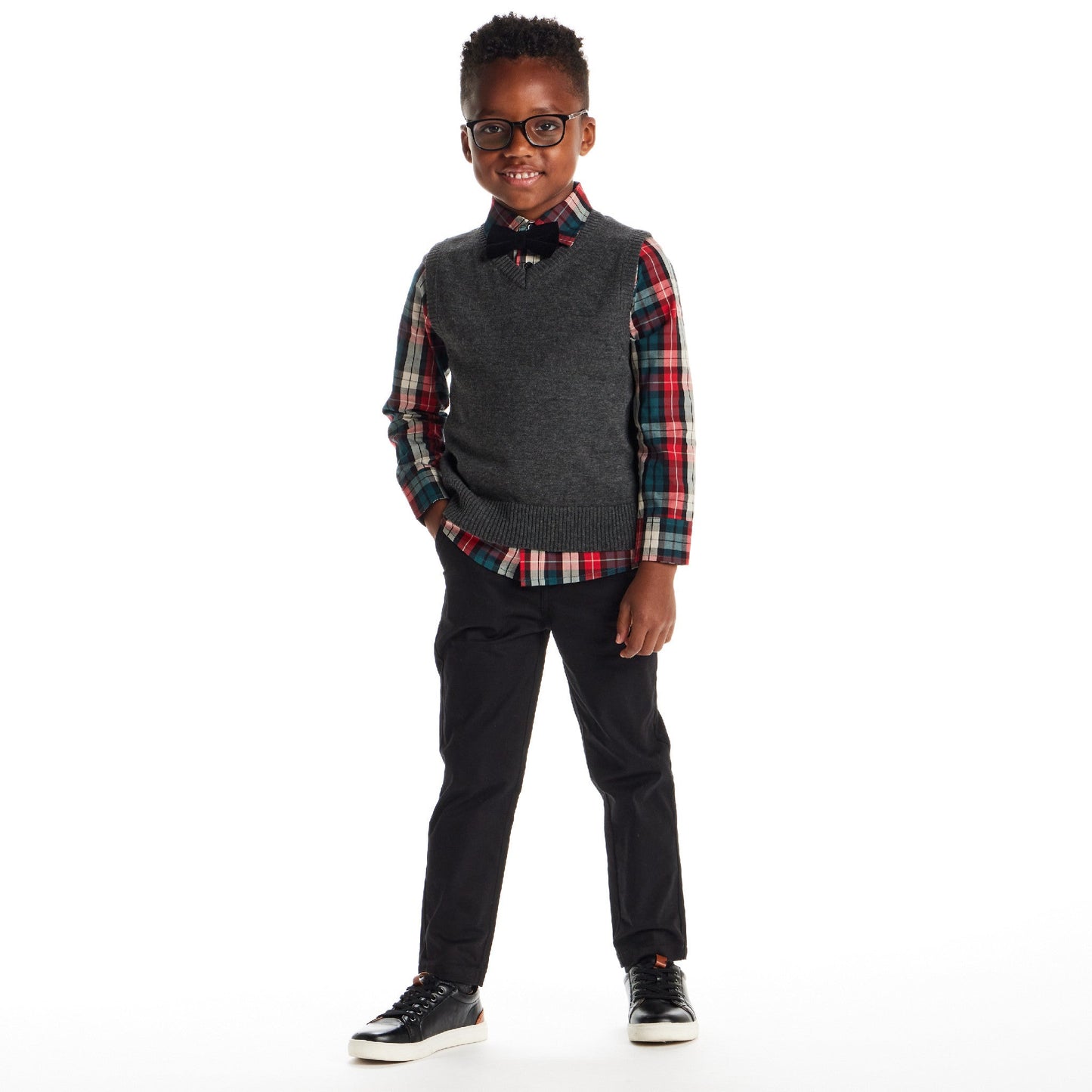 Kids 3-Piece Sweater Vest Set with Bowtie | Red Plaid