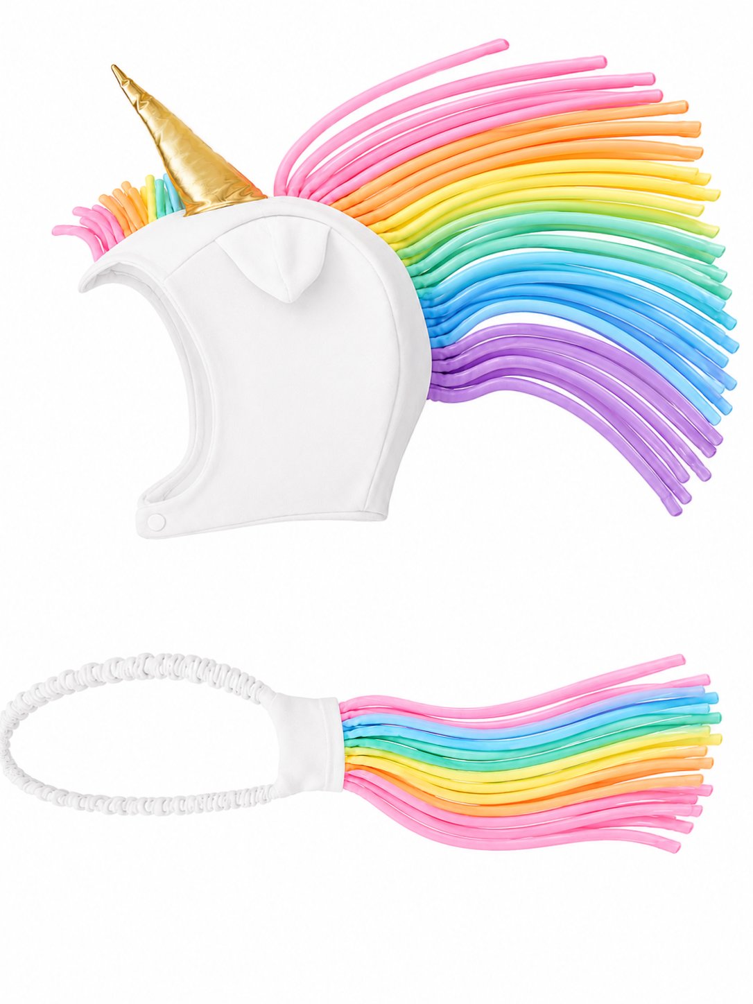 Rainbown Dream Unicorn Hat + Tail Set · Rainbow Mane with Gold Horn