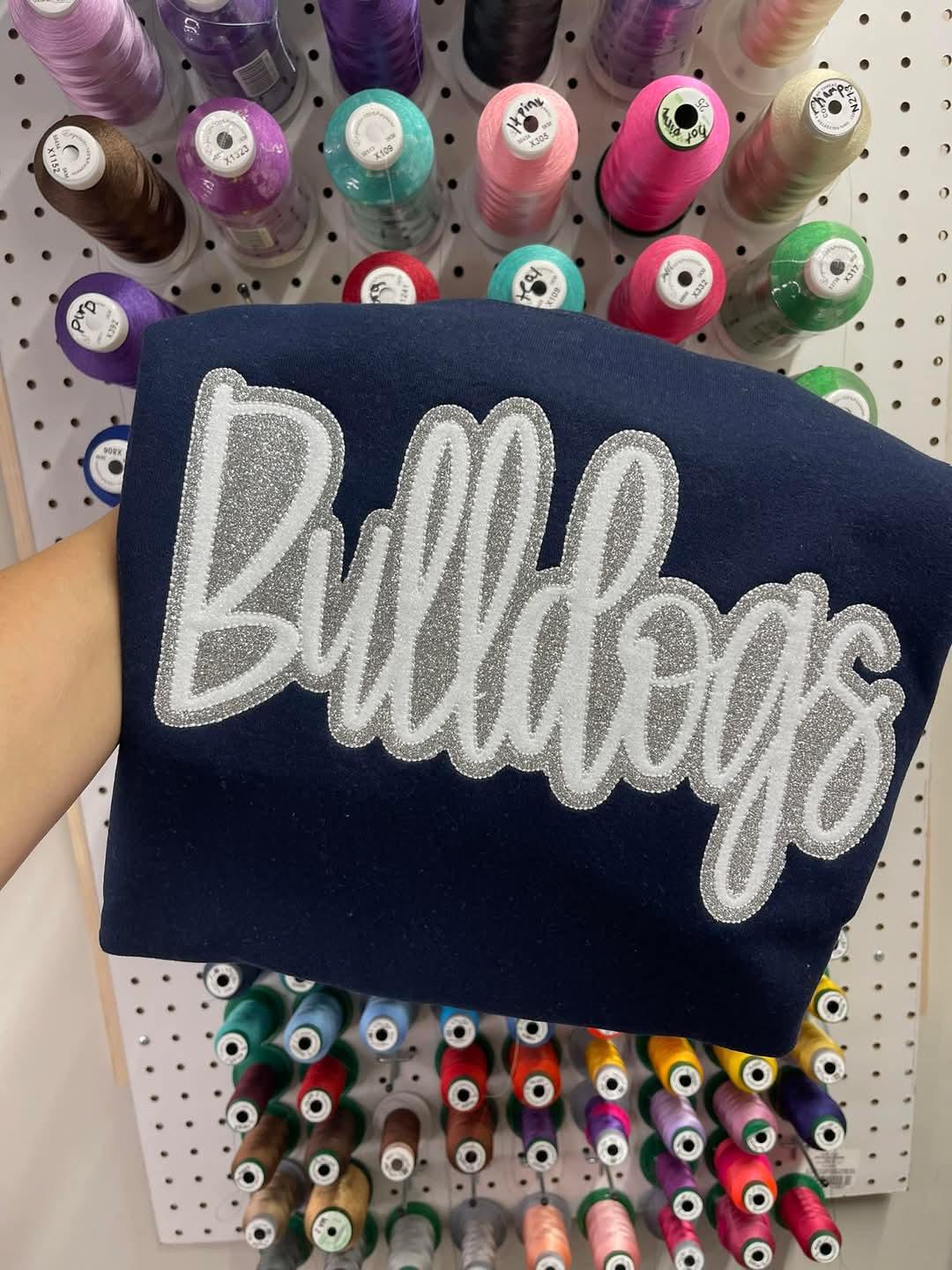 Embroidered Double Glitter HTV School Spirit Shirt | Custom Mascot & School Name Appliqué