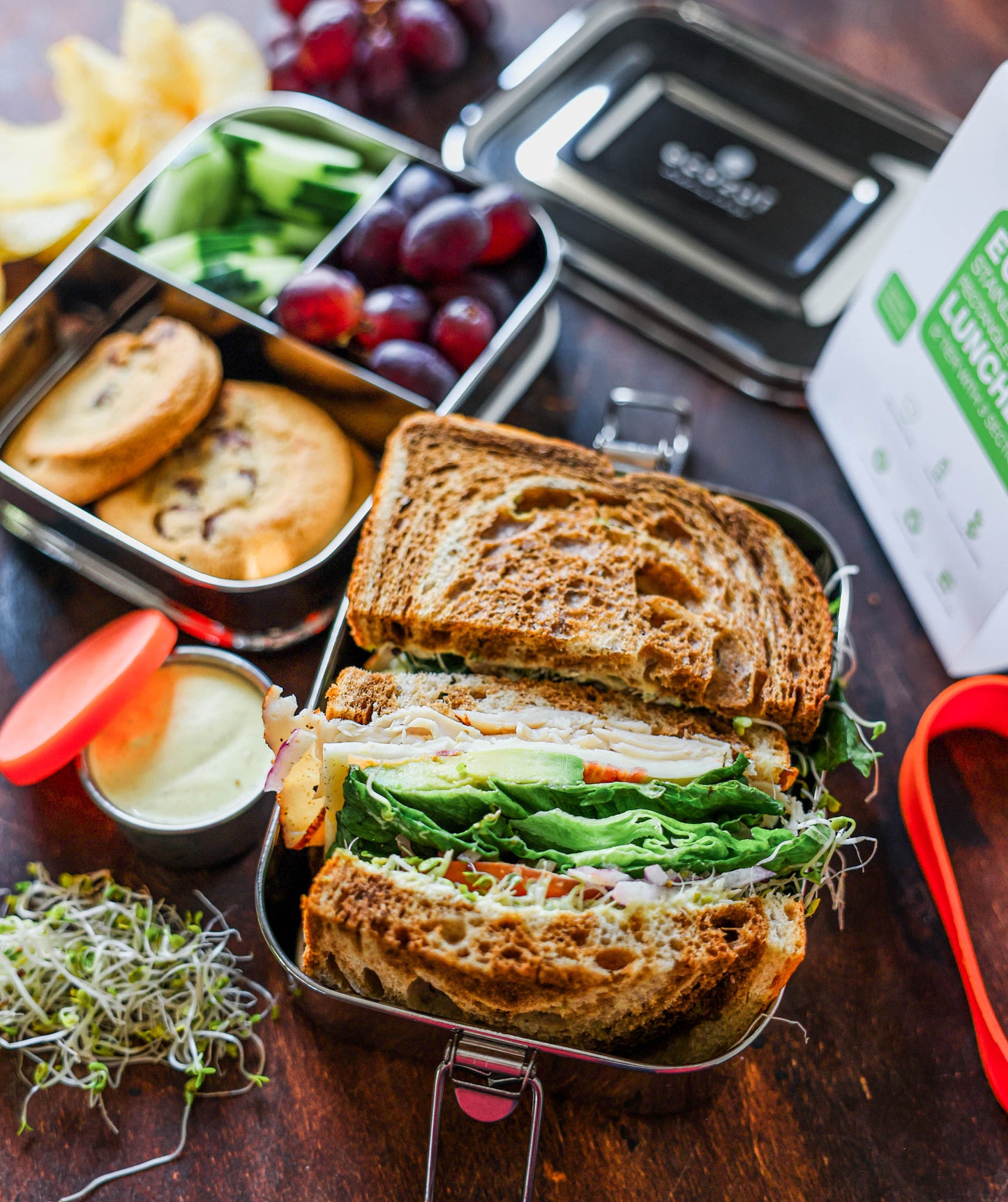 Ecozoi Stainless Steel Bento Lunch Box for Kids and Adults, 3 Compartment, Solid Print, 2 Tier Leak Proof, 60 oz