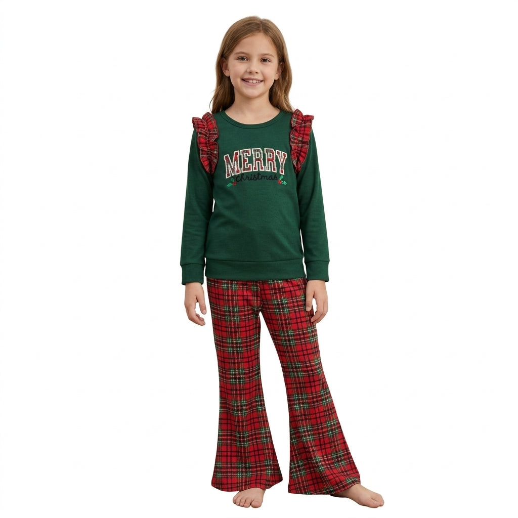Merry Christmas embroidery top plaid pants girls outfits