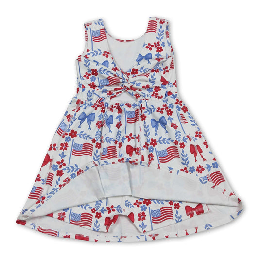 Sleeveless floral flag bow girls 4th of july athletic dresses