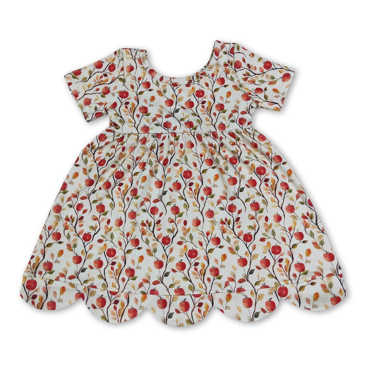 Short sleeves fall apple scallop kids girls back to school dress