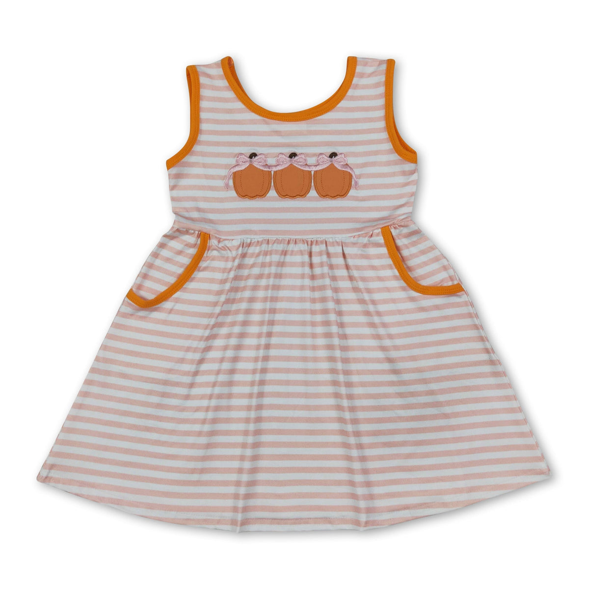 Sleeveless stripe pumpkin bow embroidery girls fall dress