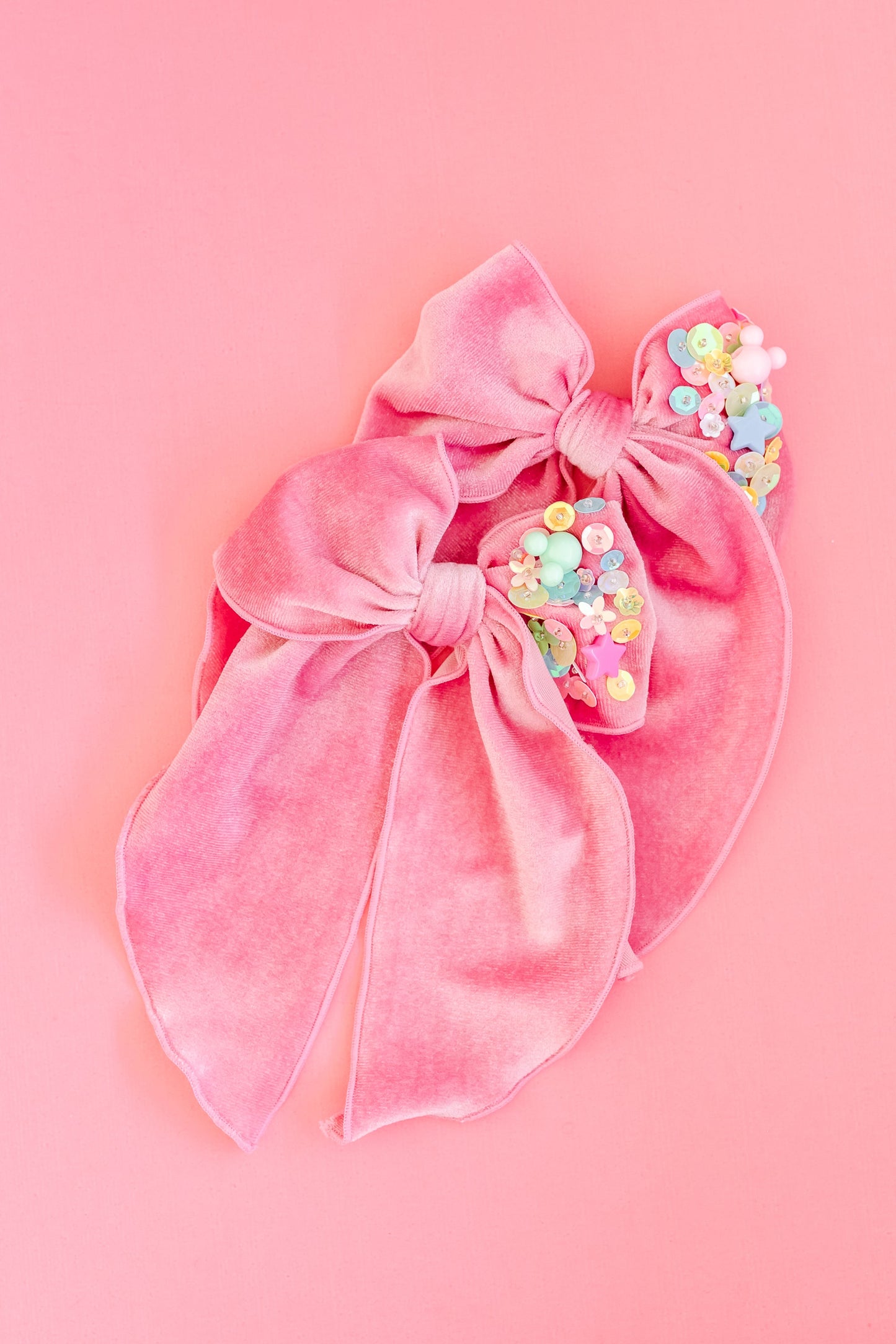 Pink Velvet Sequin Mouse Whimsy Pigtail Set