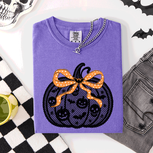 Halloween Pumpkin, Faux Lace, Coquette, Ribbon, Bows, Comfort Colors T-Shirt