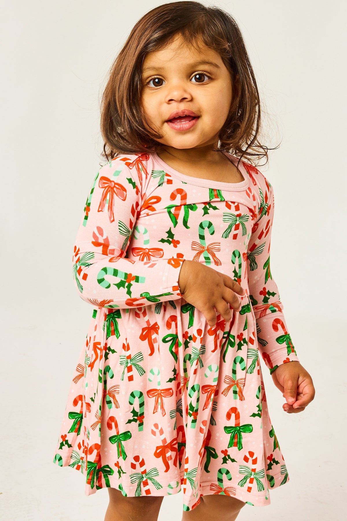 Stretchy Long Sleeve Twirl Dress - Candy Canes