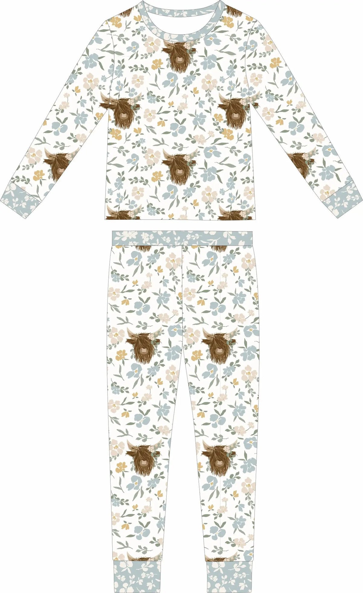 Max and Pippa - Bamboo Floral Highland Cow 2-Piece Pajama Set