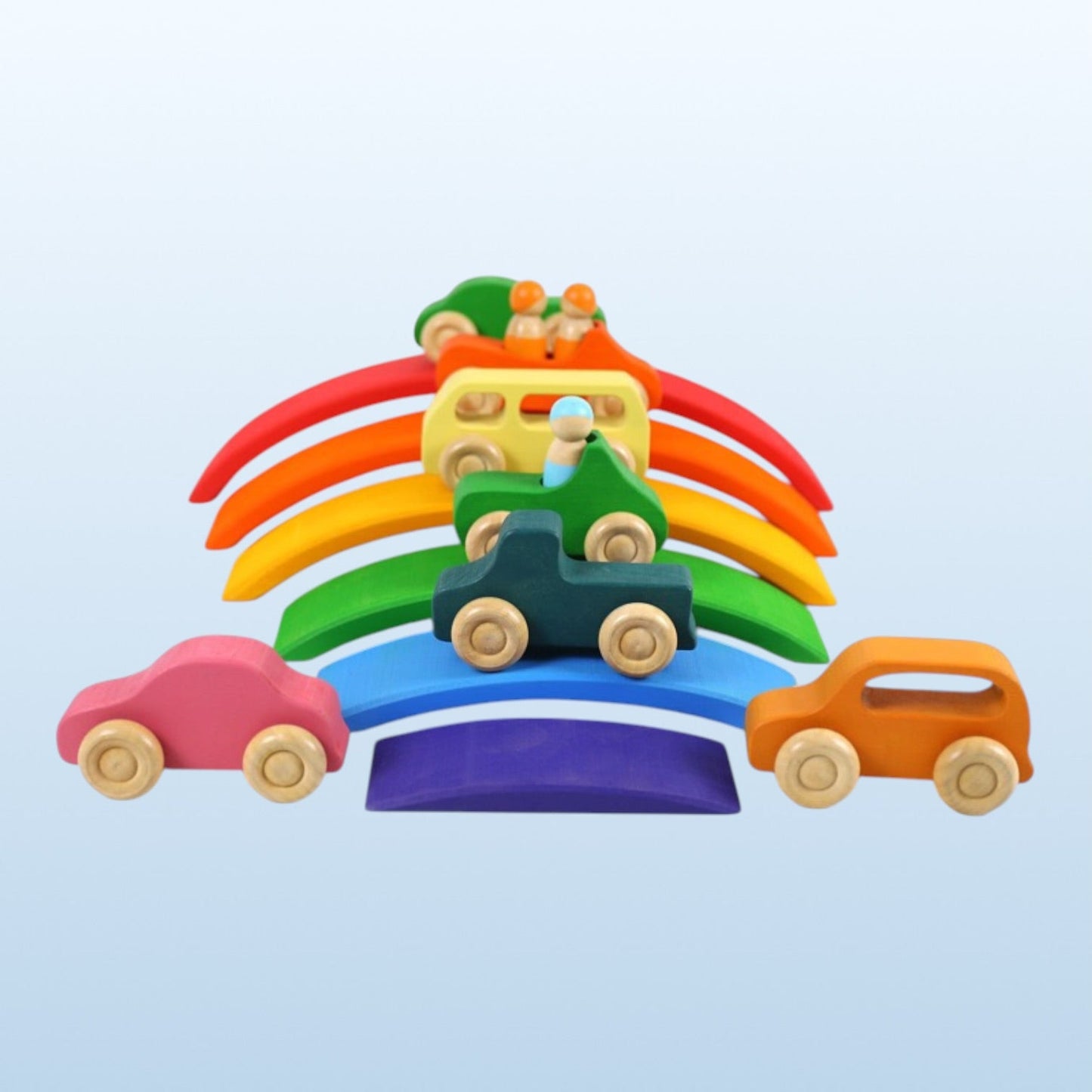 7 Pcs Colored Wooden Rainbow Cars Set with 3 Peg Dolls