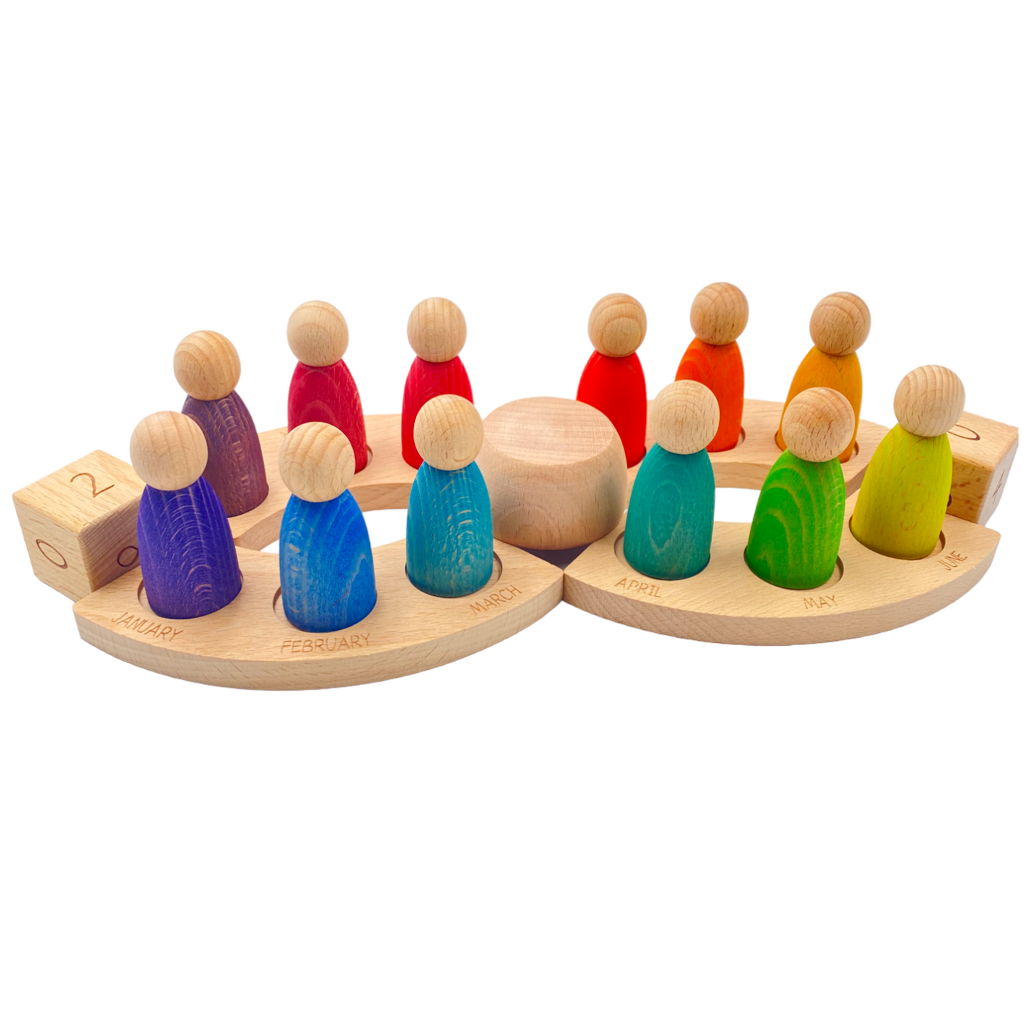 **Pre-order (Ships in 2-3 Weeks)**Wooden Perpetual Calendar with 12 Stained Rainbow Peg Figures