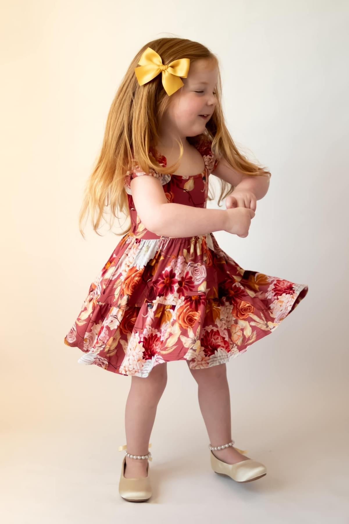 Autumn Fairy Blooms Puff Sleeve Twirl Dress