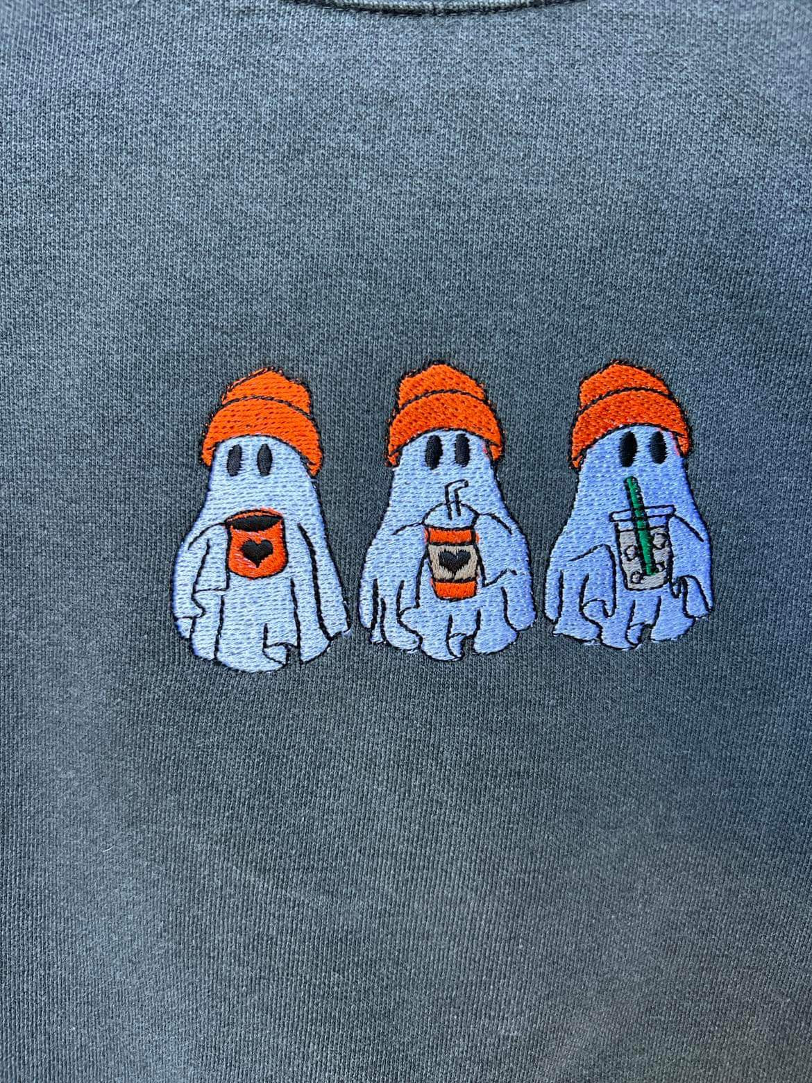 Adult 3 Ghost Embroidery Comfort Colors Crewneck - Pepper Heavyweight