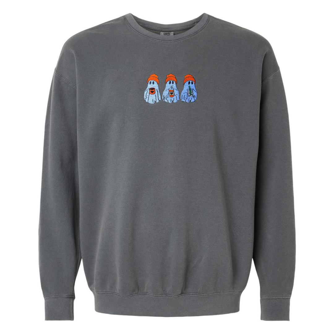 Adult 3 Ghost Embroidery Comfort Colors Crewneck - Pepper Heavyweight