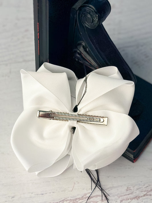 Texas Size White & Black Feather Puff Hair Bow