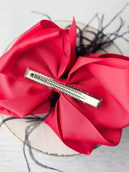 Texas Size Red & Black Feather Puff Hair Bow