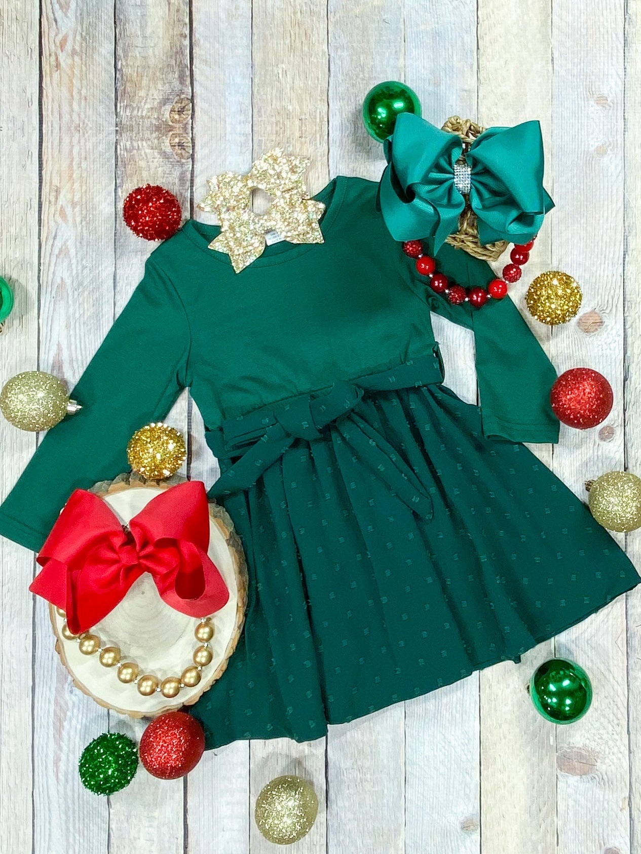 Mommy & Me Green Long Sleeve Tied Swiss Dot Dress