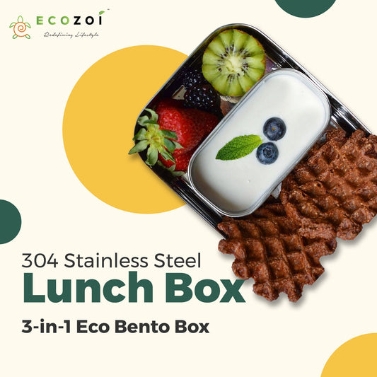 Ecozoi Stainless Steel Bento Lunch Box for Kids and Adults, 3 Compartment, Solid Print, 2 Tier Leak Proof, 60 oz