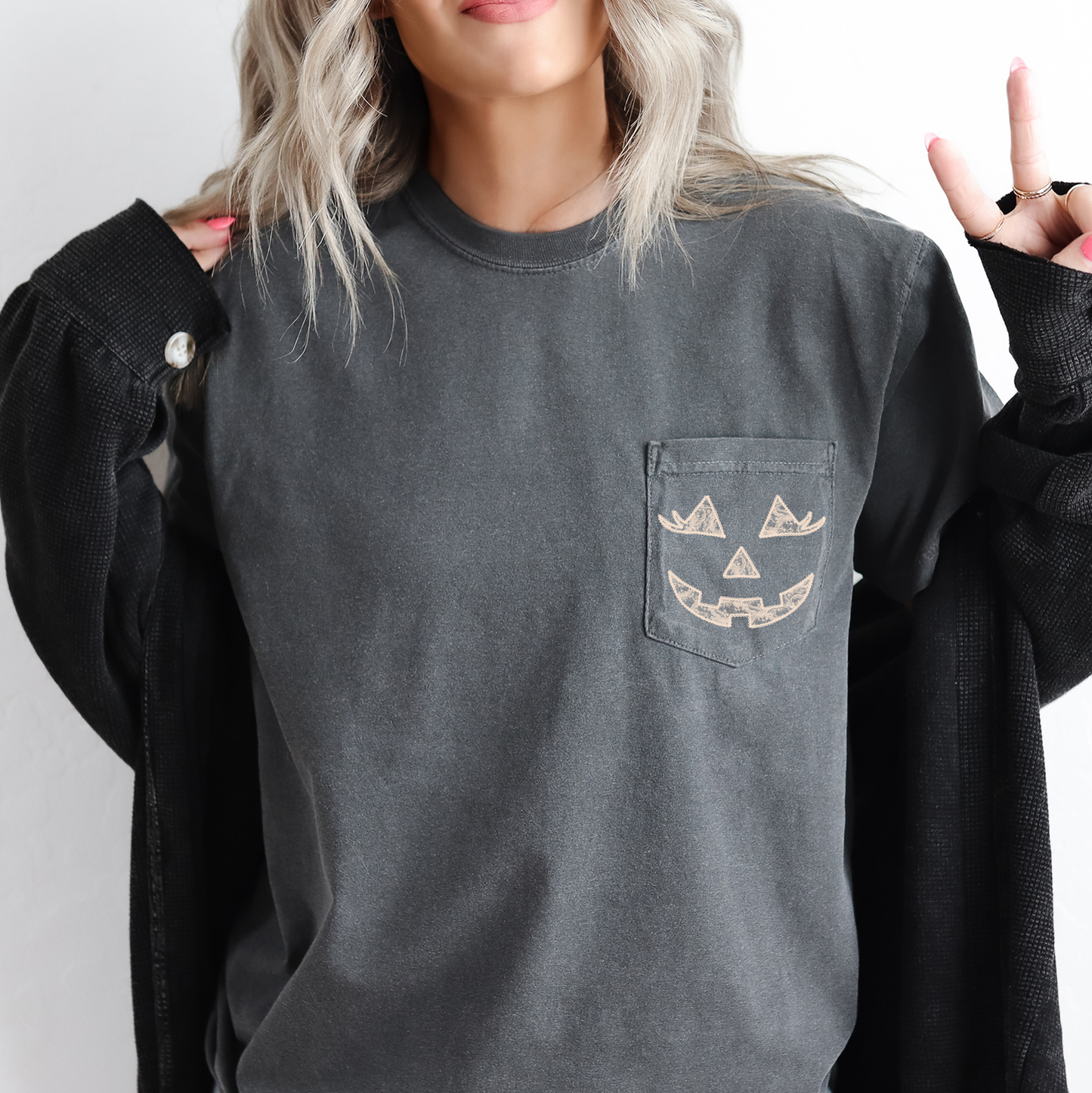 Jack o Lantern, Coquette, Faux Lace, Halloween, Pocket, Comfort Colors Pocket T-Shirt
