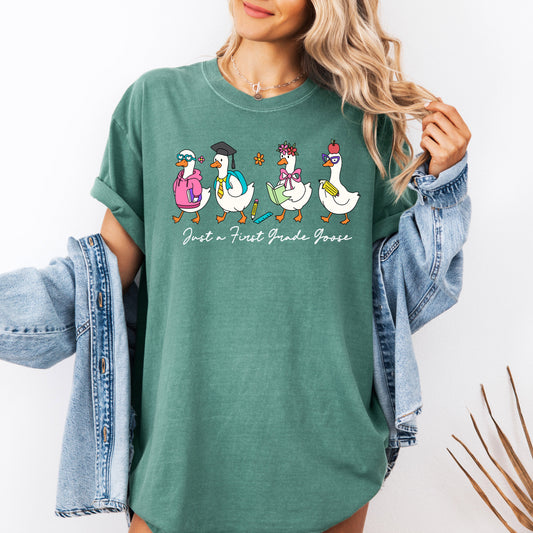 Just A First Grade Goose, Teacher, Back to School, Funny, Bow, First Day of School, Cute, Teacher Appreciation, Coquette, Comfort Colors T-Shirt