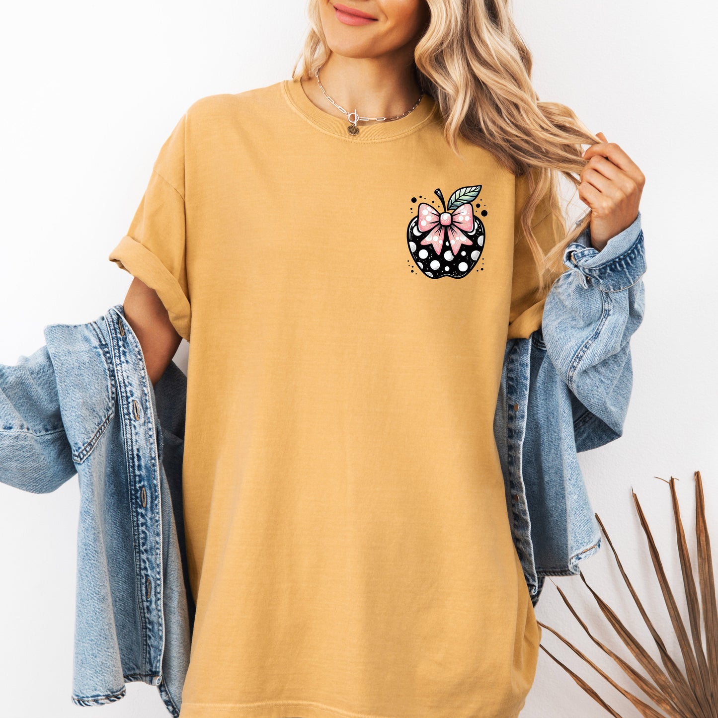 Apple, Bow, Pocket, Back to School, First Day of School, Cute, Teacher Appreciation, Coquette, Comfort Colors T-Shirt - made to order