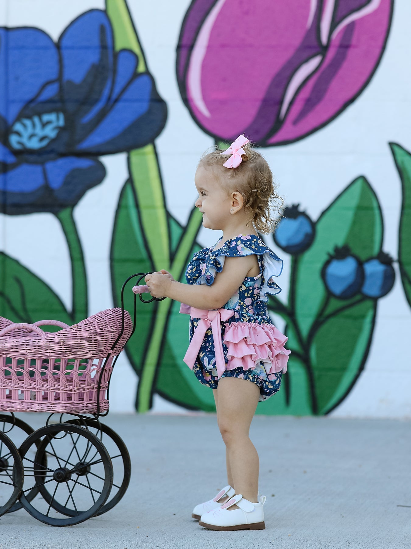 Teal Easter Bunny Garden Ruffle Sleeve Baby Girls Romper