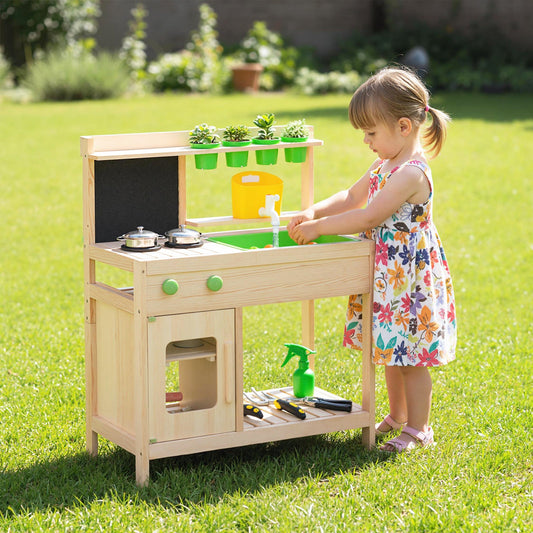 Kid Mud Kitchen Play Pretend Kitchen with Chalkboard for Kids Aged 3+