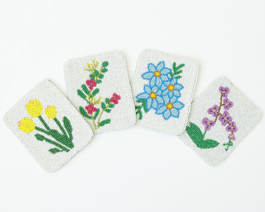 Hand-Beaded Flower Tile Coasters - Mixed Flowers