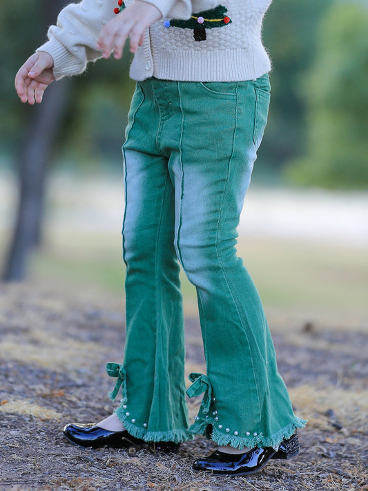 Green Flared Elastic Jeans