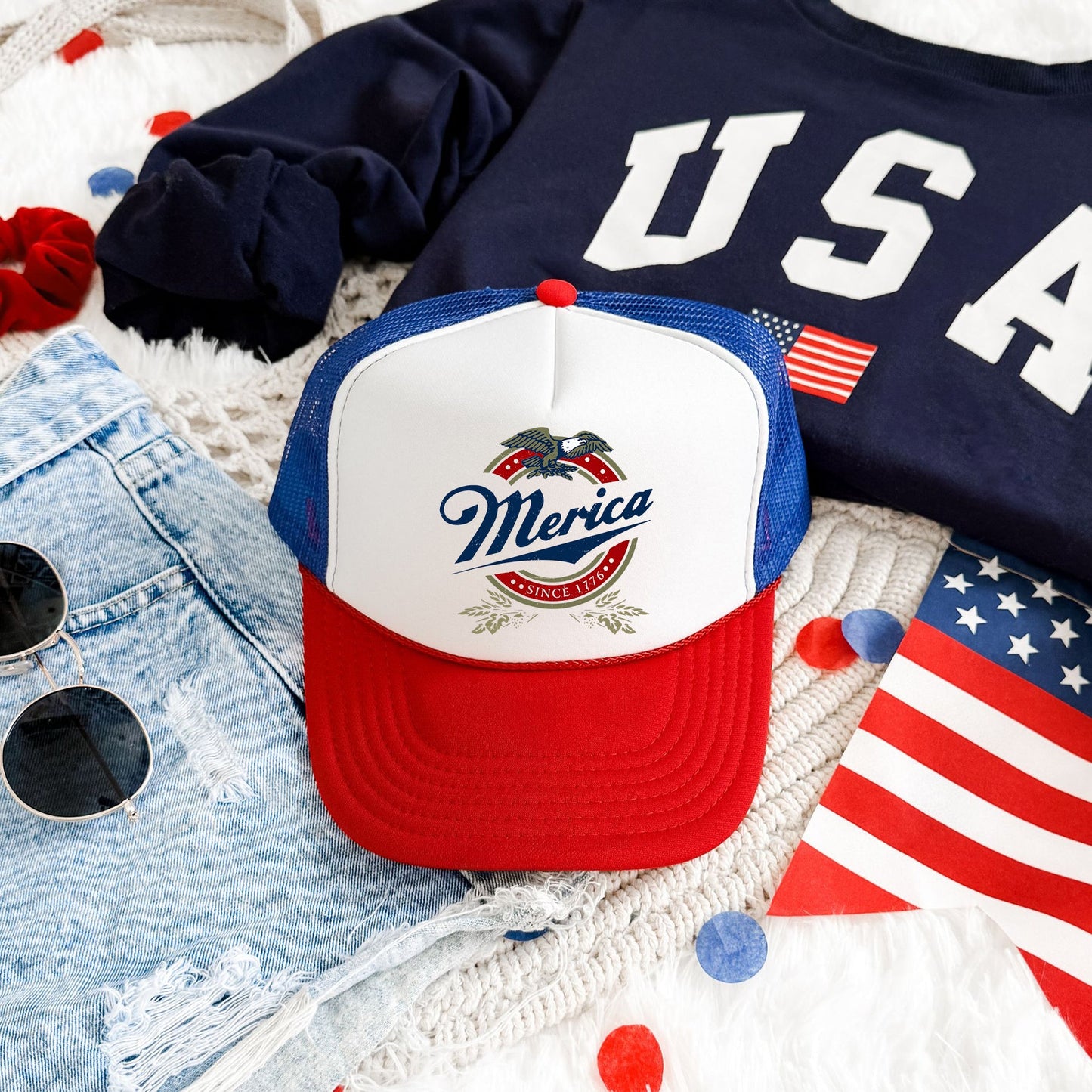 Merica, Patriotic, Snapback Trucker Hat