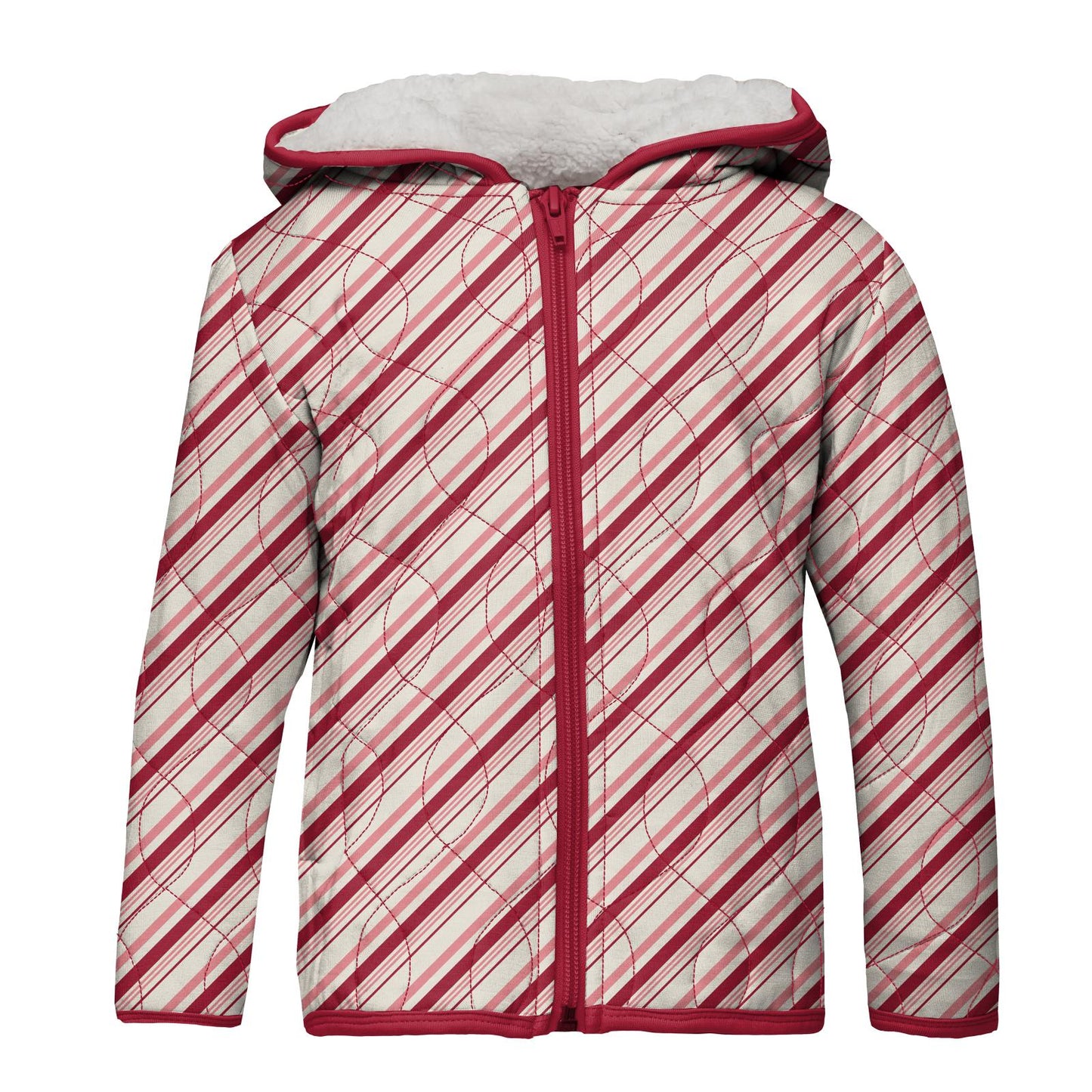 Print Quilted Jacket with Sherpa-Lined Hood in Strawberry Candy Cane Stripe/Christmas Floral