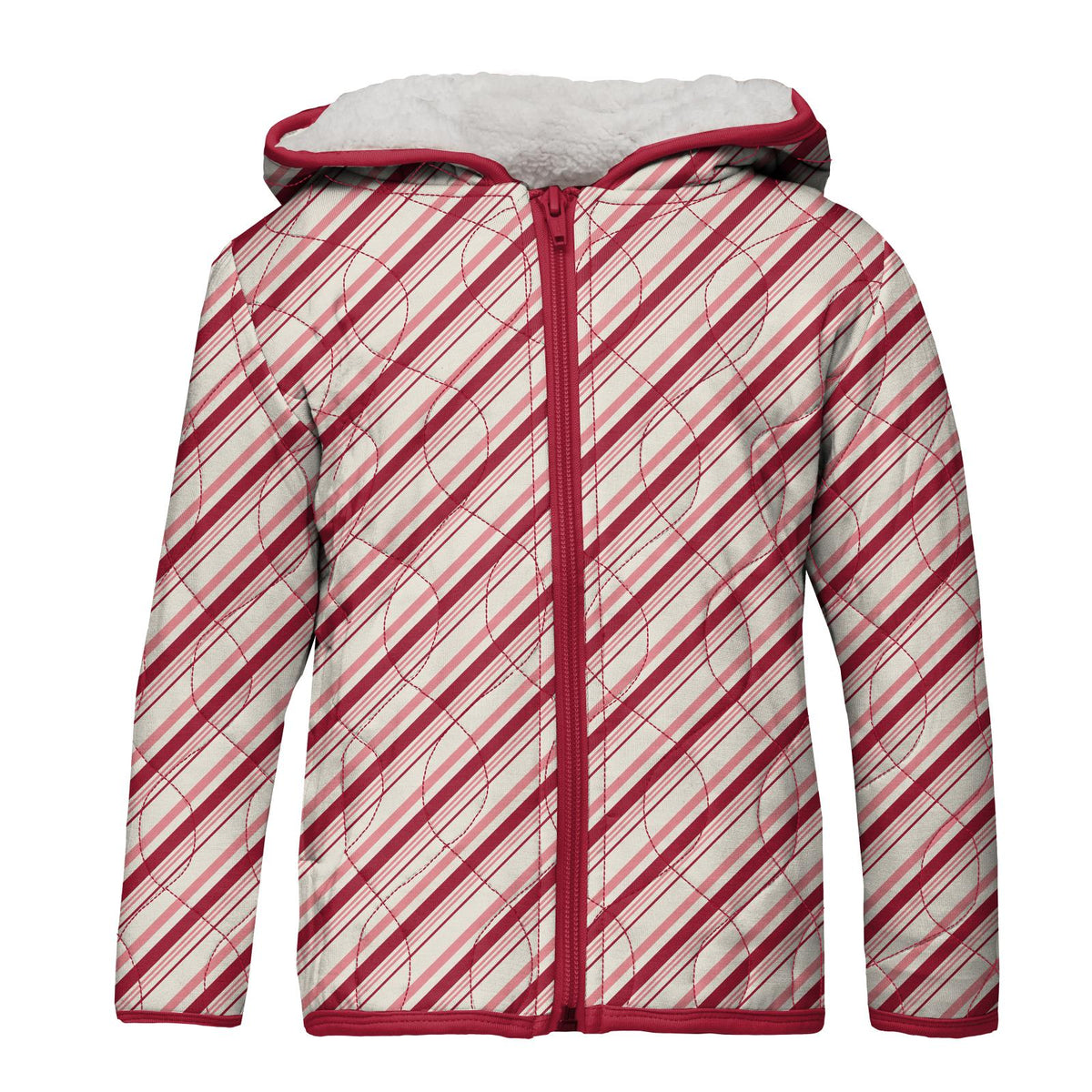 Print Quilted Jacket with Sherpa-Lined Hood in Strawberry Candy Cane Stripe/Christmas Floral