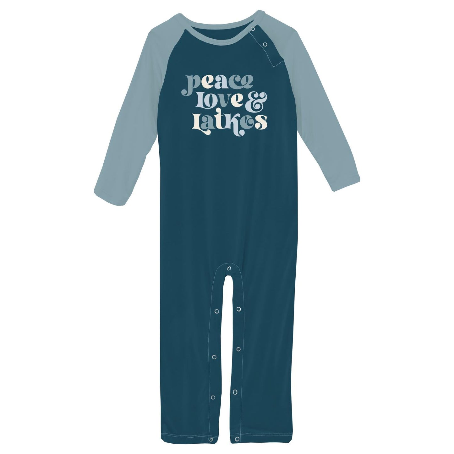 Long Sleeve Graphic Raglan Romper in Peacock Peace Love Latkes