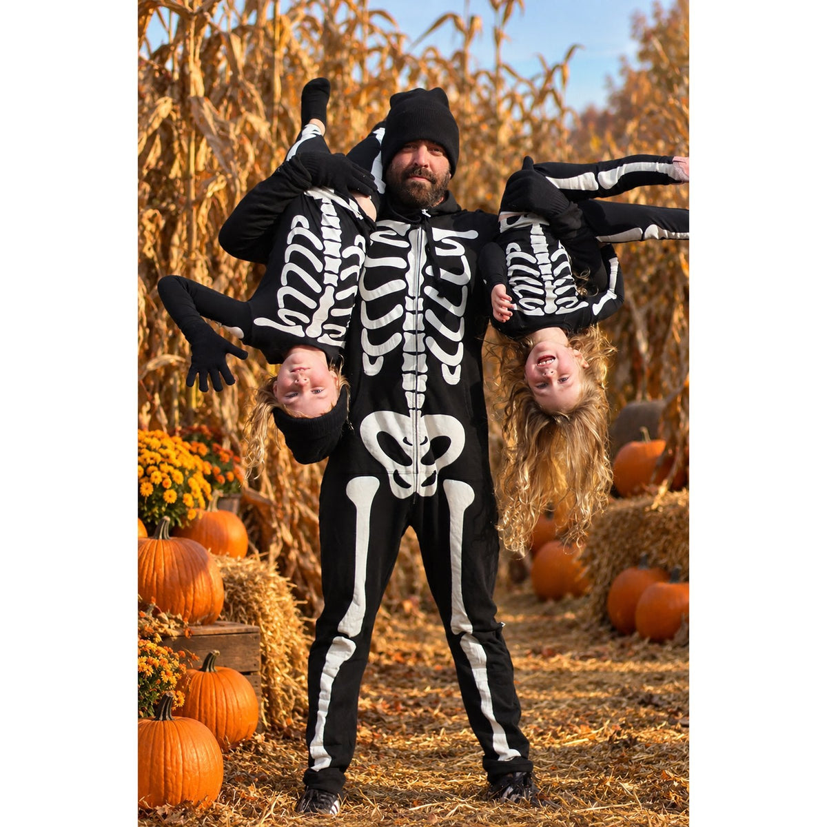 Adult Graphic Fleece Jumpsuit with Hood in Midnight Skeleton