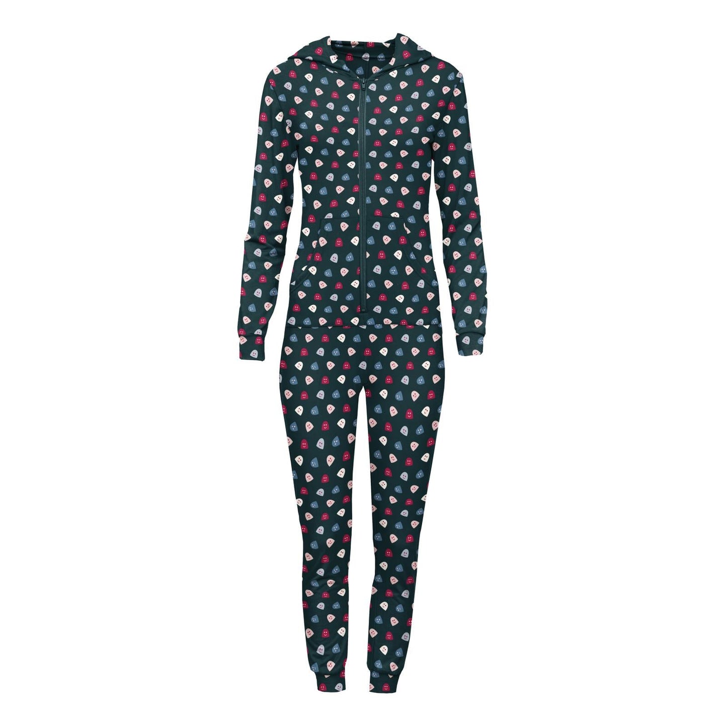 Women's Print Long Sleeve Jumpsuit with Hood in Pine Happy Gumdrops