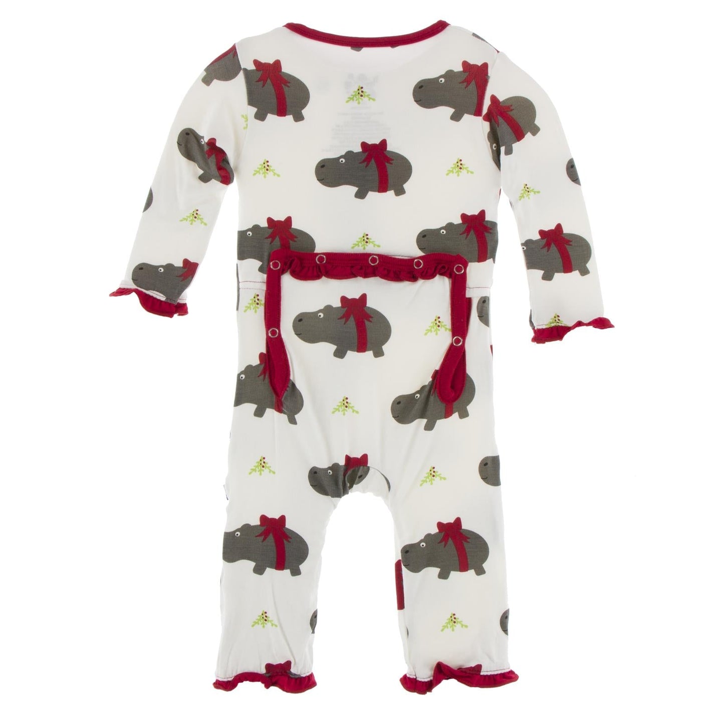 Print Layette Ruffle Coverall with Zipper in Natural Christmas Hippo
