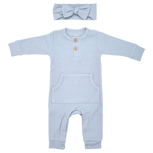 Blissful Blue Baby Ribbed Playsuit with pockets