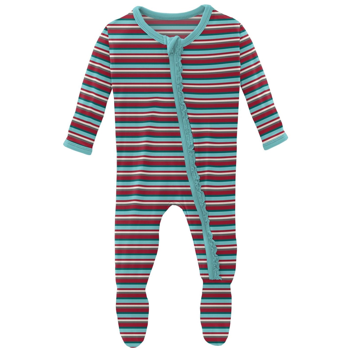 Print Muffin Ruffle Footie with Zipper in Christmas Stripe