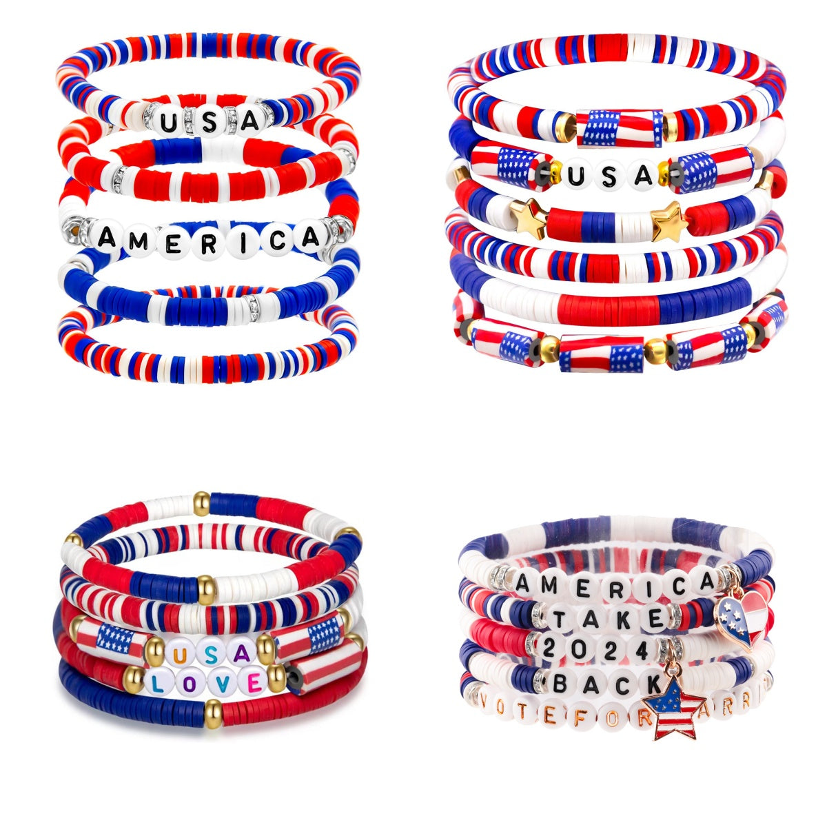 Polymer Clay Bracelet USA Patriotic Letter Star Bracelet Set