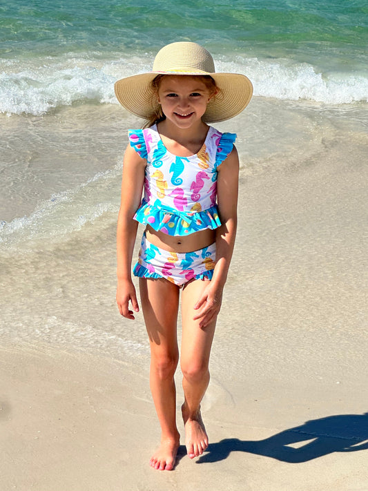 Seahorse Print Ruffle Two Piece Swim Suit Set