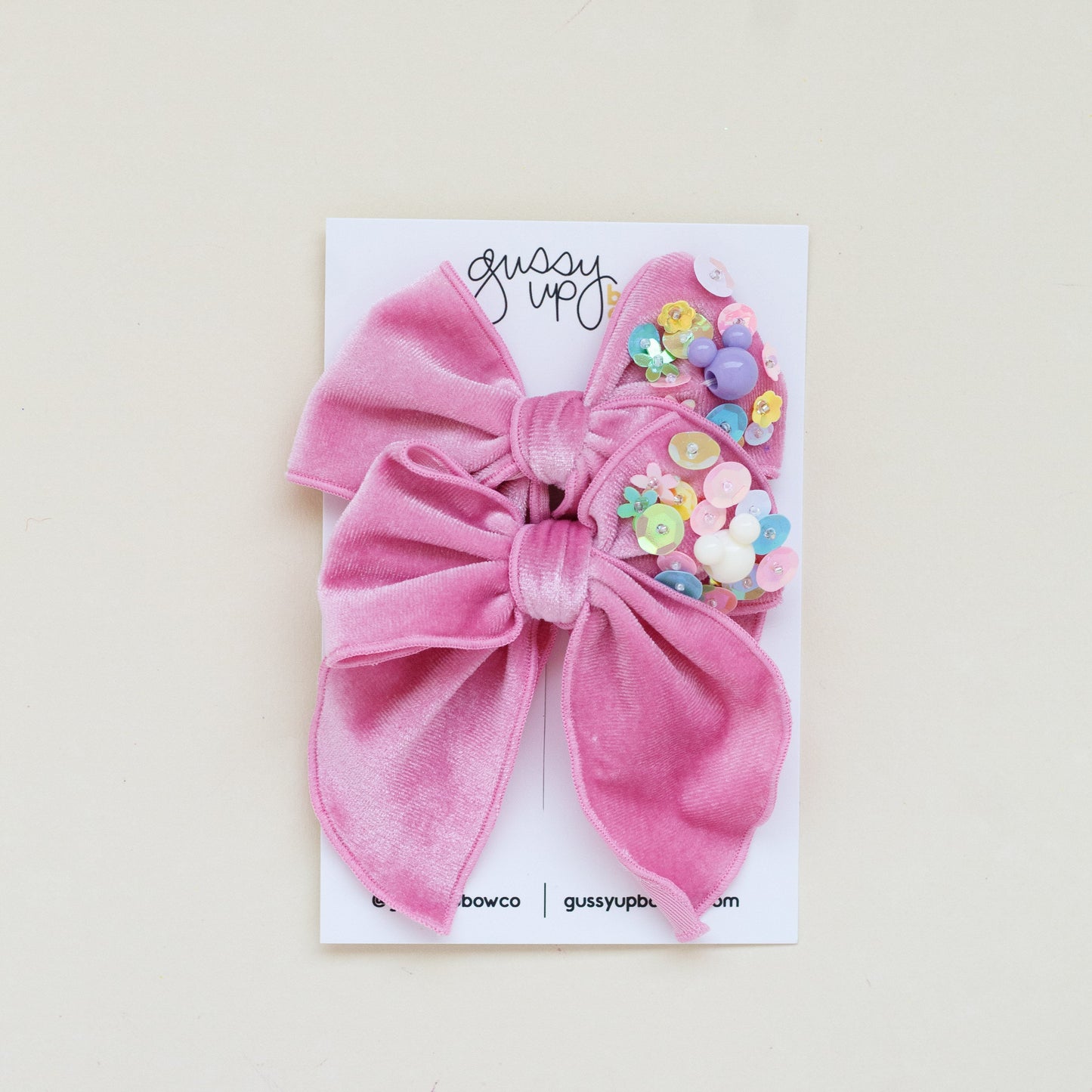 Pink Velvet Sequin Mouse Whimsy Pigtail Set