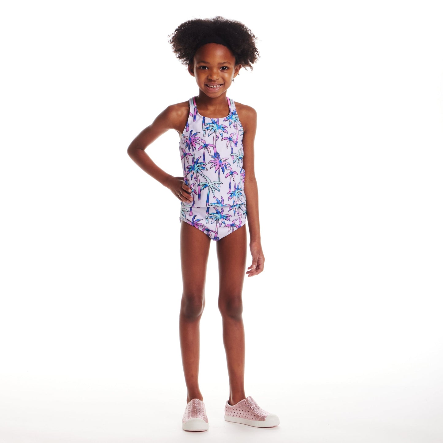 Kids (2-6x) Tankini Swimsuit Set | Purple Palm Trees