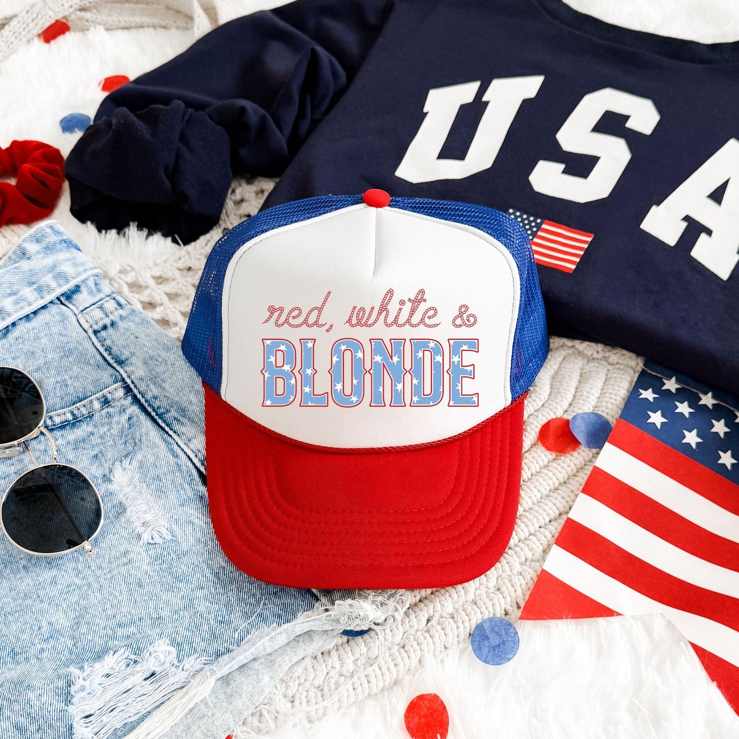 Red White And Blonde, Sassy, Patriotic, Snapback Trucker Hat