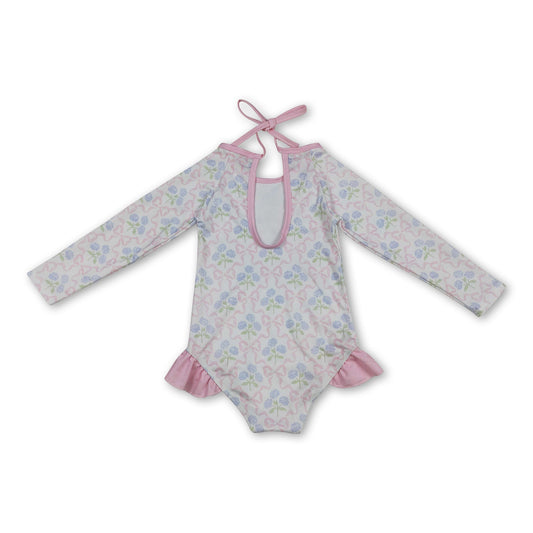 Long sleeves bow floral baby girls one piece swimsuit