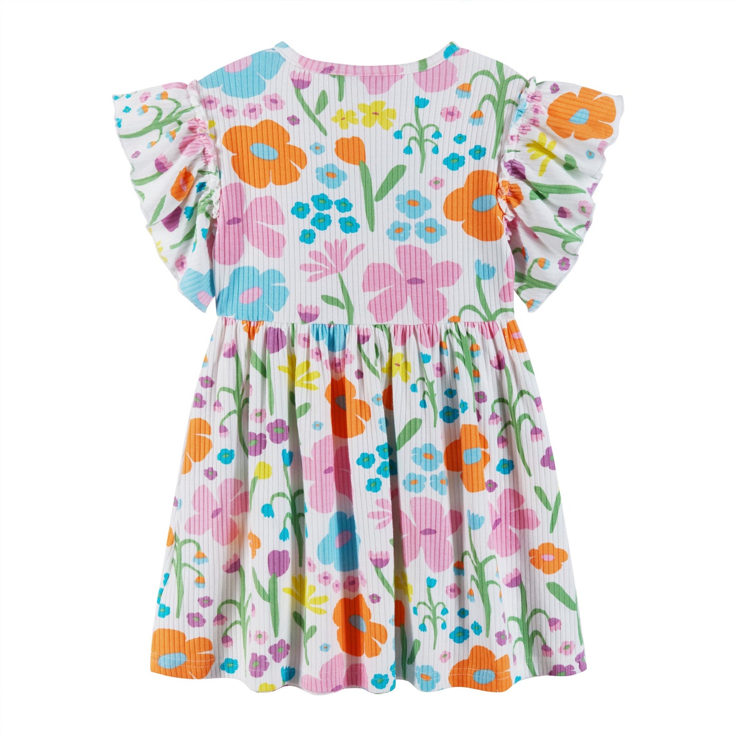 Kids (2-6x) White Rib Knit Dress w/ Ruffle Sleeves | Floral Fun
