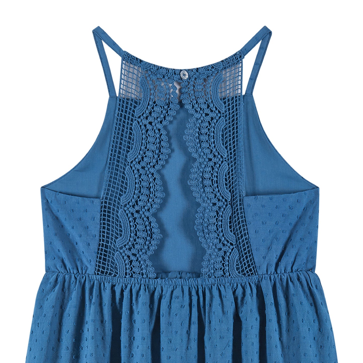 Kids (7-14) Blue Swiss Dot Dress w/ Lace Back Detail | Blue