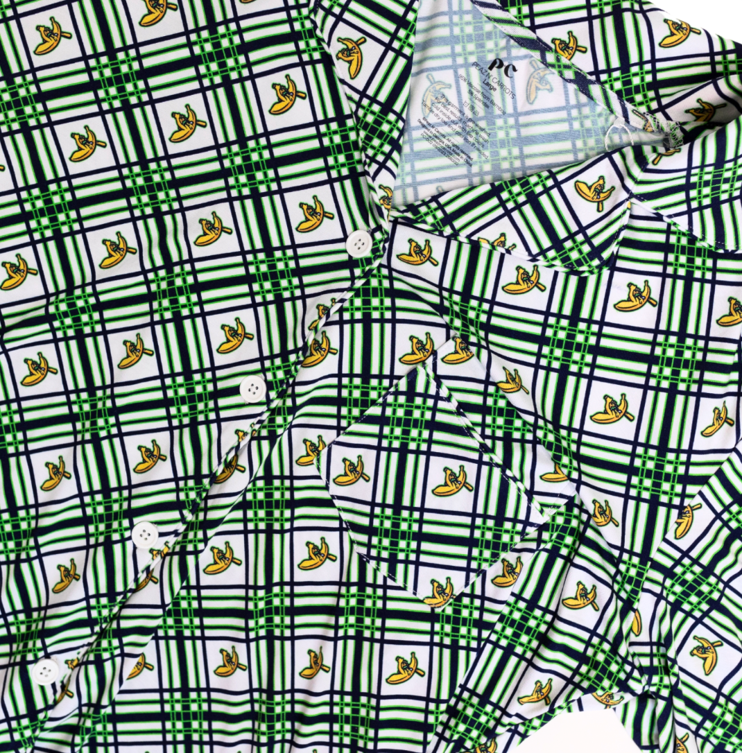 Peaz N’ Carrots X Savannah Bananas Official Licensed Adult Unisex Button Down Top in Banana Plaid™